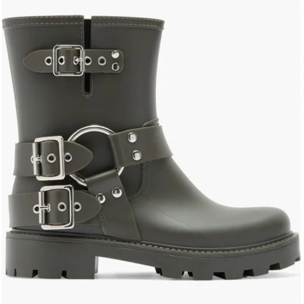 JEFFREY CAMPBELL Controller Green Matte Silver Buckle Moto Rain Boots Size 6 NEW - Picture 3 of 12